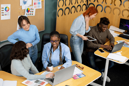 A team of legal professionals collaborating in an office.
